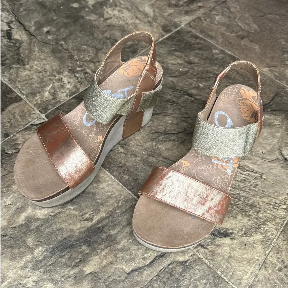 OTBT Metallic Copper and Light Gray Wedge Sandals